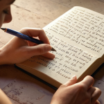 **A person writing in a journal, bathed in soft light, with emotional words like "healing," "acceptance," and "understanding" subtly floating around them. Focus on a sense of peace and self-discovery.**