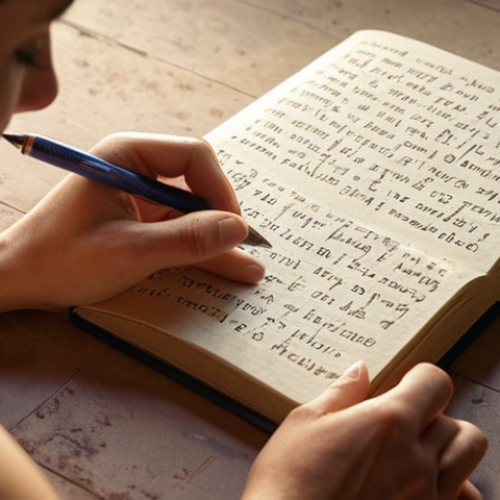 **A person writing in a journal, bathed in soft light, with emotional words like "healing," "acceptance," and "understanding" subtly floating around them. Focus on a sense of peace and self-discovery.**