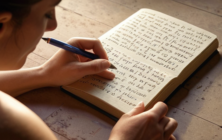 **A person writing in a journal, bathed in soft light, with emotional words like "healing," "acceptance," and "understanding" subtly floating around them. Focus on a sense of peace and self-discovery.**