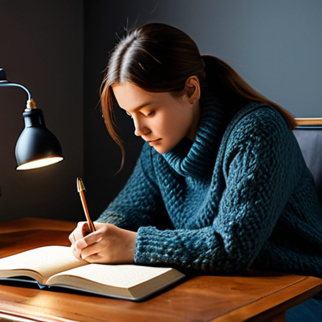 Journaling for Self-Discovery**

"A woman sitting at a wooden desk, writing in a leather-bound journal by the soft light of a lamp, fully clothed in a comfortable sweater and jeans, safe for work, appropriate content, modest attire, focus on hands writing, warm and inviting atmosphere, professional quality, perfect anatomy, natural pose."

**