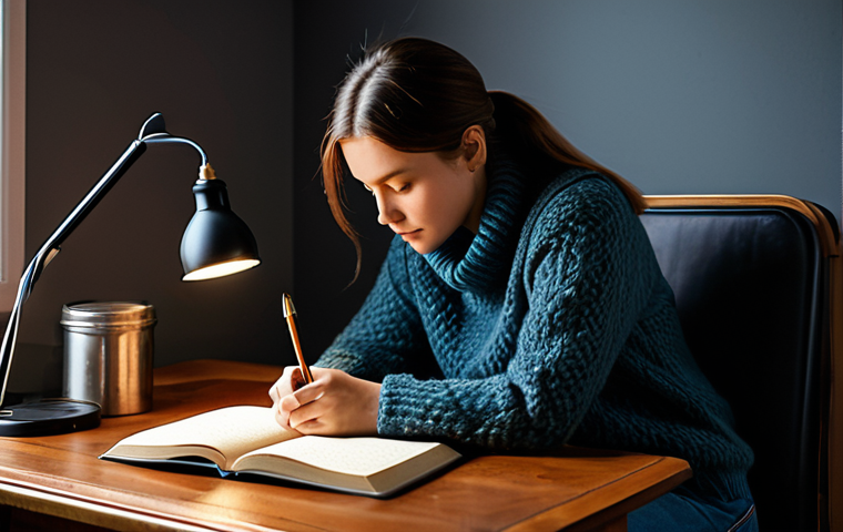 Journaling for Self-Discovery**

"A woman sitting at a wooden desk, writing in a leather-bound journal by the soft light of a lamp, fully clothed in a comfortable sweater and jeans, safe for work, appropriate content, modest attire, focus on hands writing, warm and inviting atmosphere, professional quality, perfect anatomy, natural pose."

**