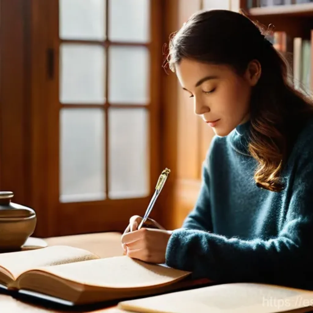 자서전적 치료법의 감정적 안정성 강화 - **Prompt:** "A serene woman, aged late 20s to early 30s, sits comfortably at a polished wooden desk ...