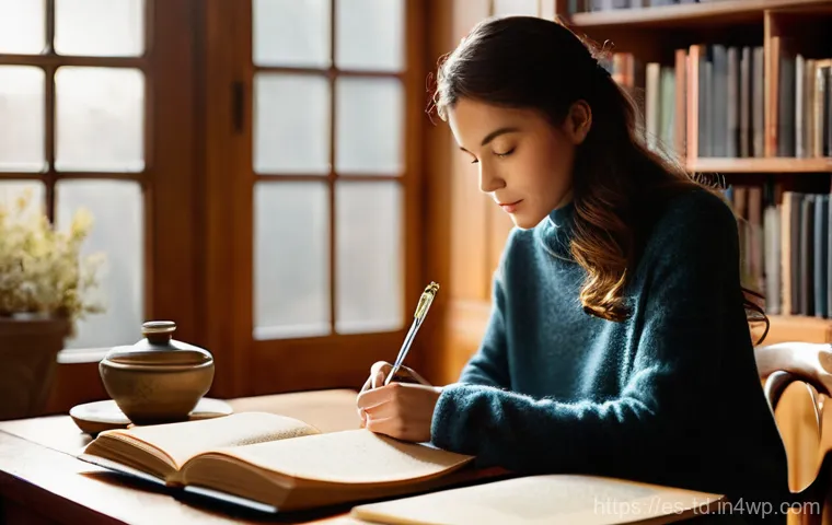 자서전적 치료법의 감정적 안정성 강화 - **Prompt:** "A serene woman, aged late 20s to early 30s, sits comfortably at a polished wooden desk ...