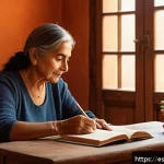 자서전적 치료법을 위한 저자 추천 도서 - A cozy, softly lit room in a Spanish-style home with warm terracotta walls and wooden beams, featuri...