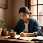 자서전적 치료법의 목표 설정 방법 - A serene and cozy indoor scene featuring a young Hispanic adult sitting comfortably at a wooden desk...