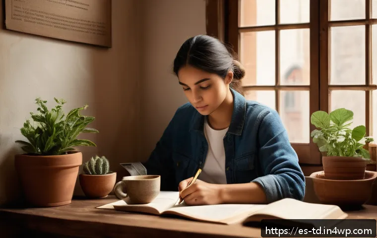 자서전적 치료법의 목표 설정 방법 - A serene and cozy indoor scene featuring a young Hispanic adult sitting comfortably at a wooden desk...