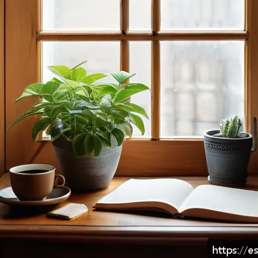 자서전적 치료법의 자기 개발 과정 - A serene, cozy writing nook bathed in warm natural sunlight filtering through a window with light cu...