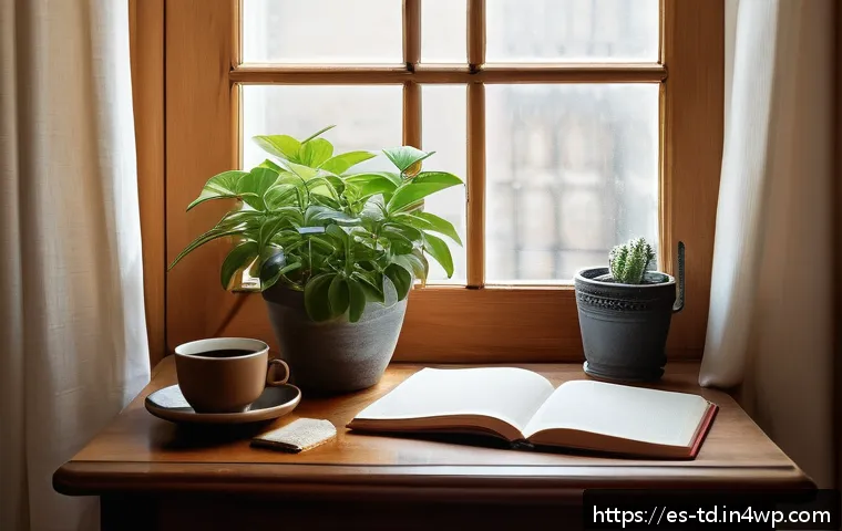 자서전적 치료법의 자기 개발 과정 - A serene, cozy writing nook bathed in warm natural sunlight filtering through a window with light cu...