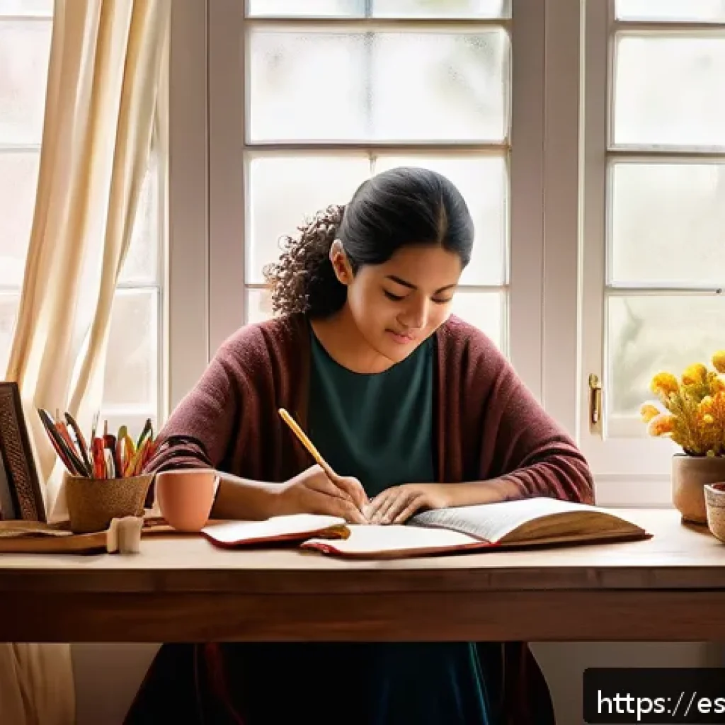 자서전적 치료법의 저자 및 전문가 인터뷰 - A serene, cozy writing nook bathed in warm afternoon sunlight filtering through a window with sheer ...