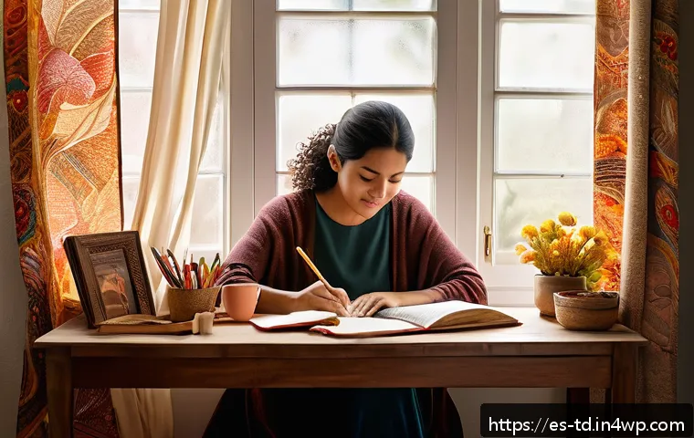 자서전적 치료법의 저자 및 전문가 인터뷰 - A serene, cozy writing nook bathed in warm afternoon sunlight filtering through a window with sheer ...