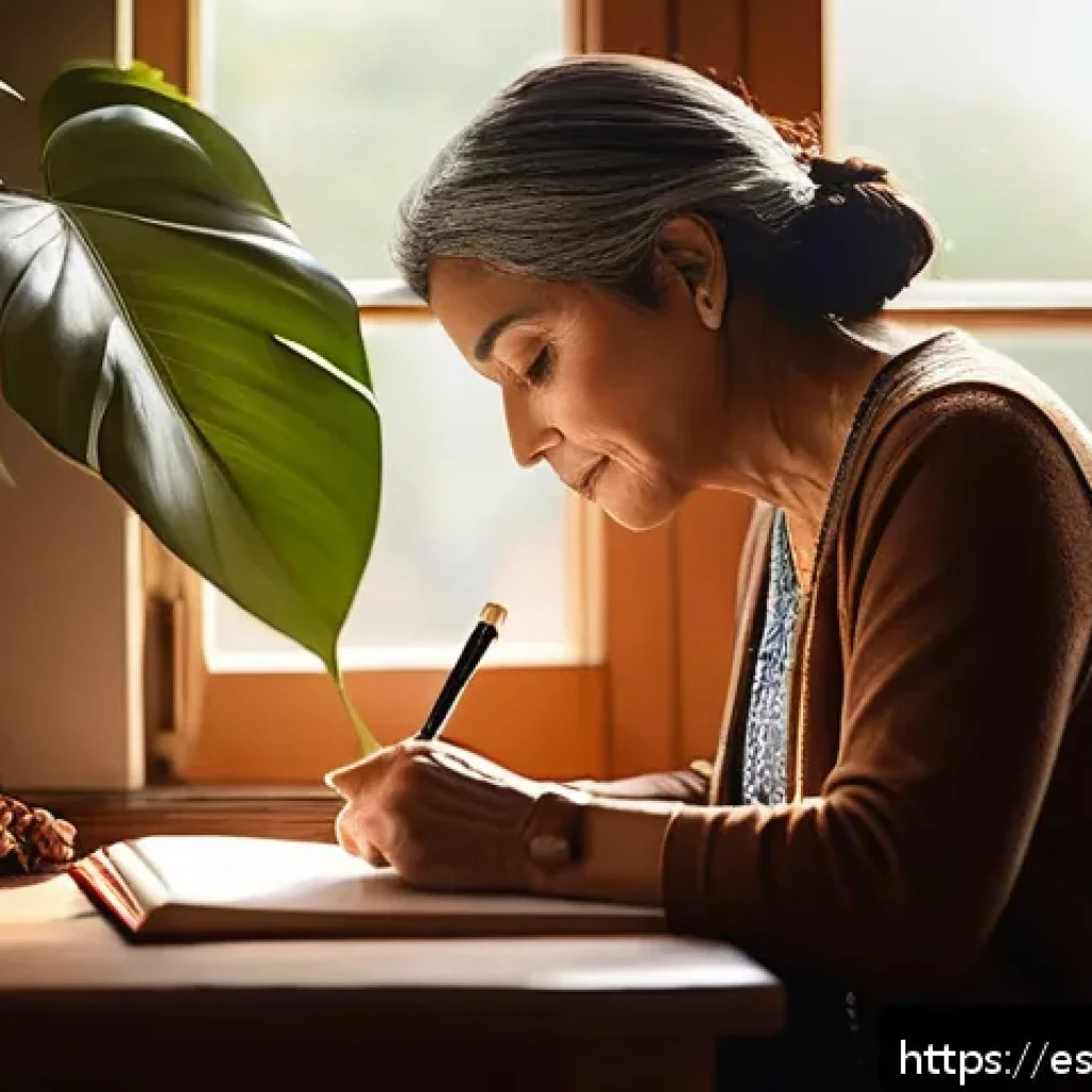 자서전적 치료법으로 인한 삶의 변화 사례 - A serene indoor scene of a middle-aged Hispanic woman sitting at a wooden desk by a sunlit window, w...