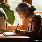 자서전적 치료법으로 인한 삶의 변화 사례 - A serene indoor scene of a middle-aged Hispanic woman sitting at a wooden desk by a sunlit window, w...