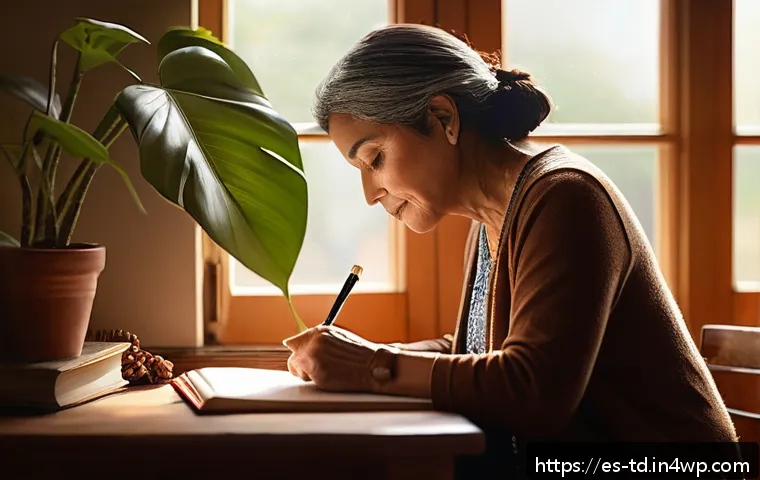 자서전적 치료법으로 인한 삶의 변화 사례 - A serene indoor scene of a middle-aged Hispanic woman sitting at a wooden desk by a sunlit window, w...