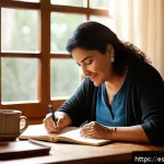 자서전적 치료법에서의 긍정적 사고 기법 - A warm, inviting home office setting with a middle-aged Hispanic woman sitting at a wooden desk, wri...