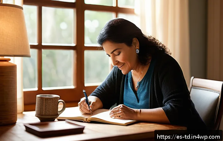 자서전적 치료법에서의 긍정적 사고 기법 - A warm, inviting home office setting with a middle-aged Hispanic woman sitting at a wooden desk, wri...