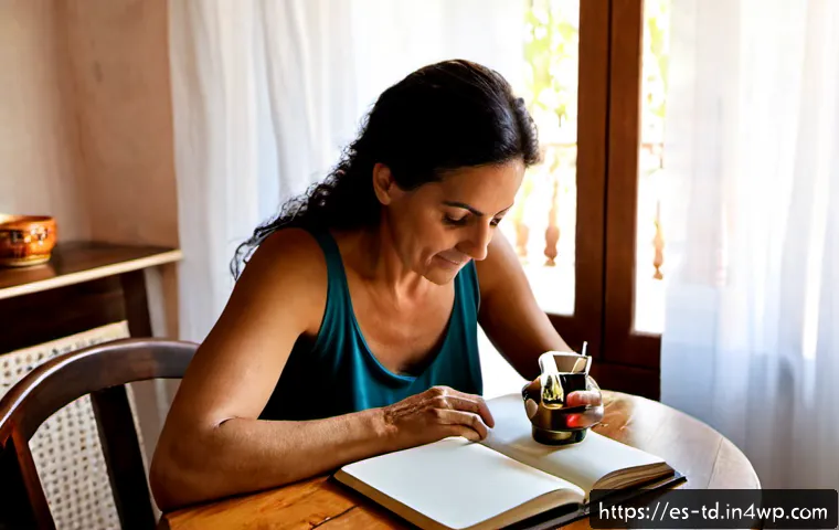 Home 17 자서전적 치료법의 치유 과정 이해하기 - Photorealistic scene of a middle-aged Spanish woman in a warm Mediterranean apartment, quietly writi...